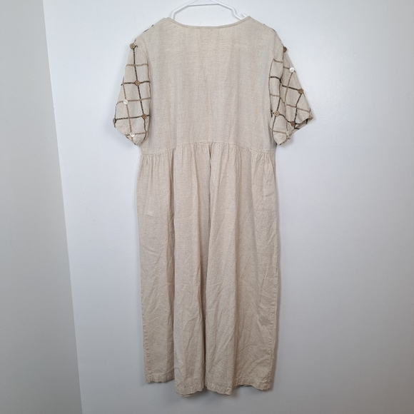 Cabernet Beige Cotton Linen Cottagecore Prairie Button Up Midi Dress Size L - Picture 4 of 7
